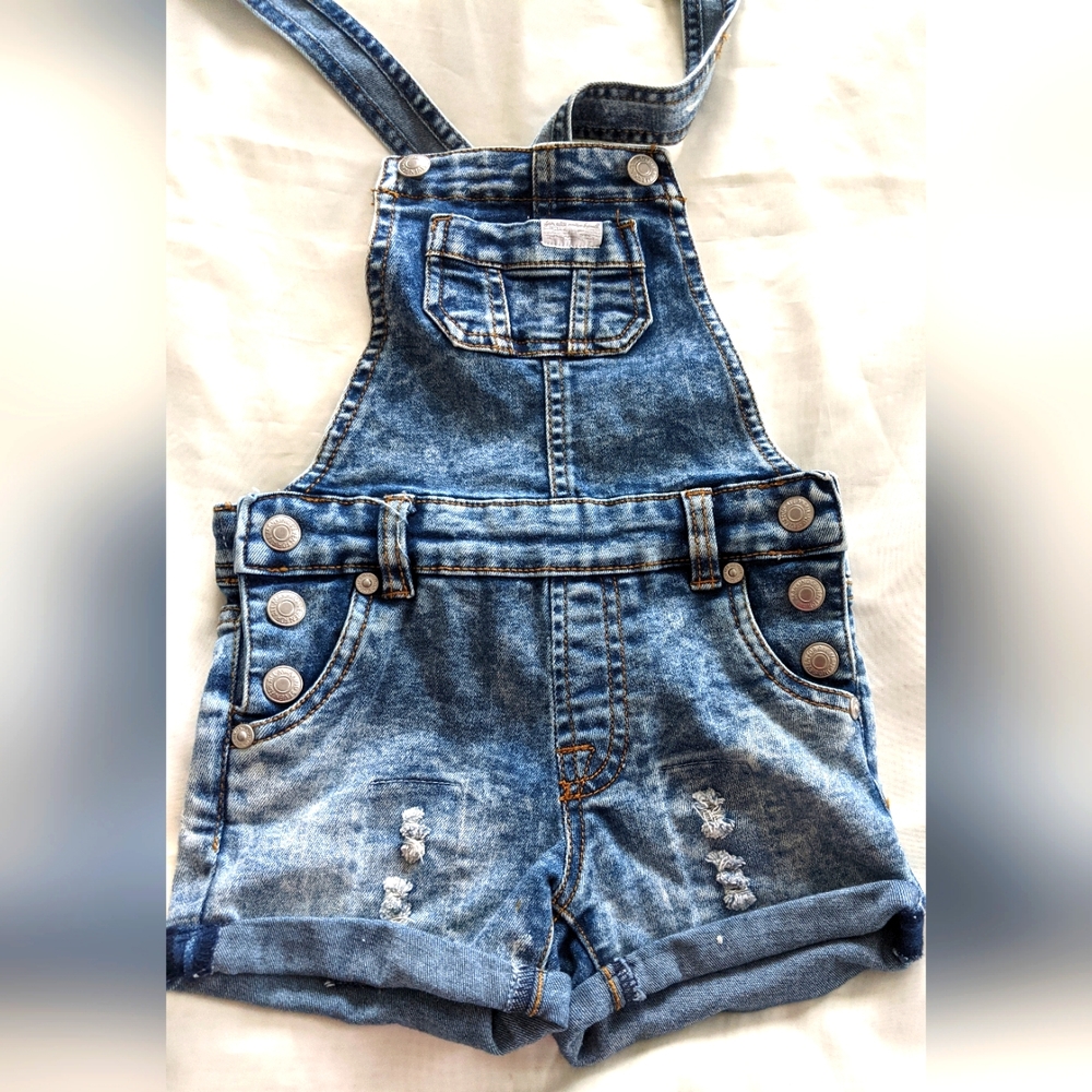 7 For All Mankind  Baby Girl Distressed Denim Cuffed Overalls Size 12M